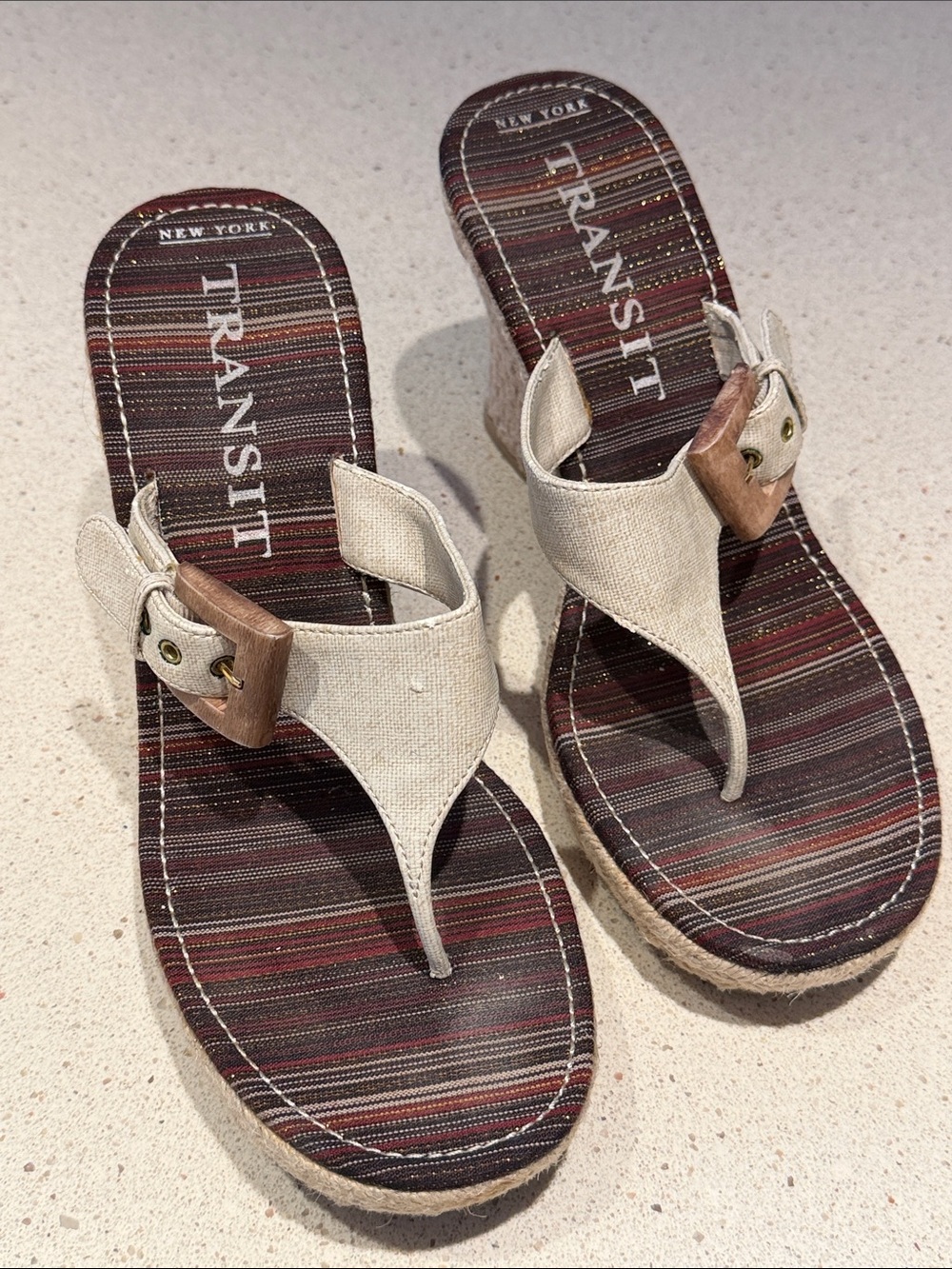 New York Transit Cream Wedge Thong Sandals with Wooden Buckle